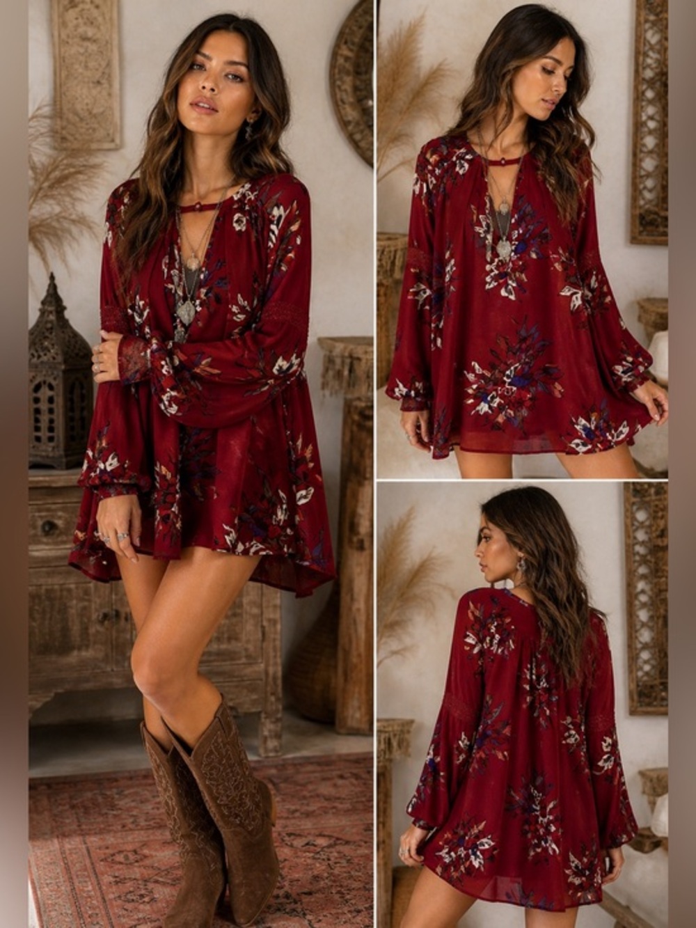 Free People Burgundy Floral Boho Mini XS Dress Festival Babydoll Tunic Dress
